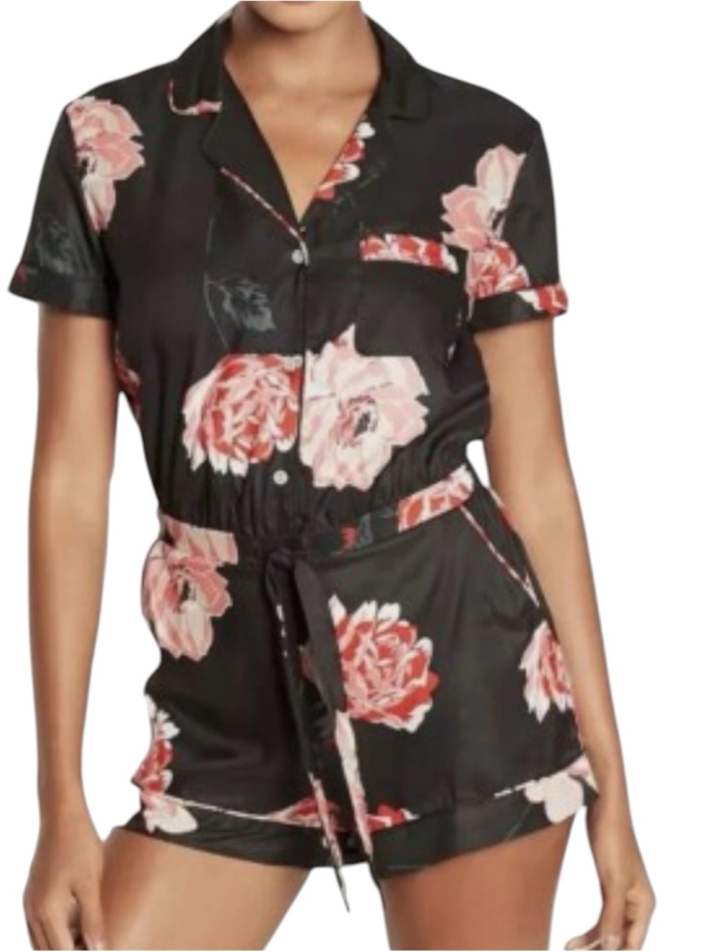 VICTORIA'S SECRET Intimates Black Satin Pink Floral Romper Tie Elastic Waist  XS